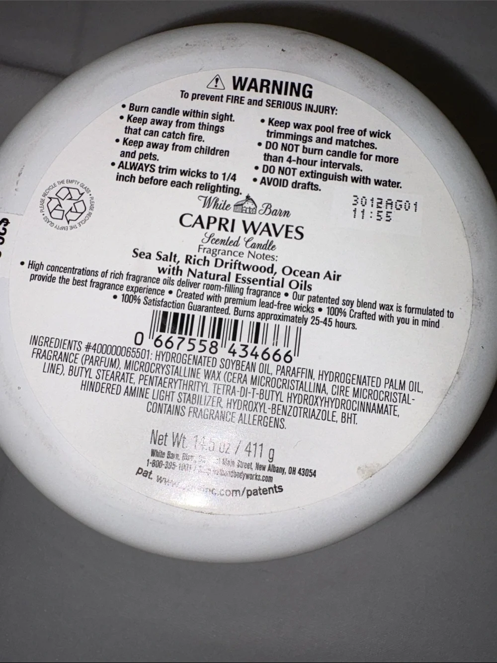 Bath & Body Works White Barn candle 14.5 oz 3 wick new Capri Waves